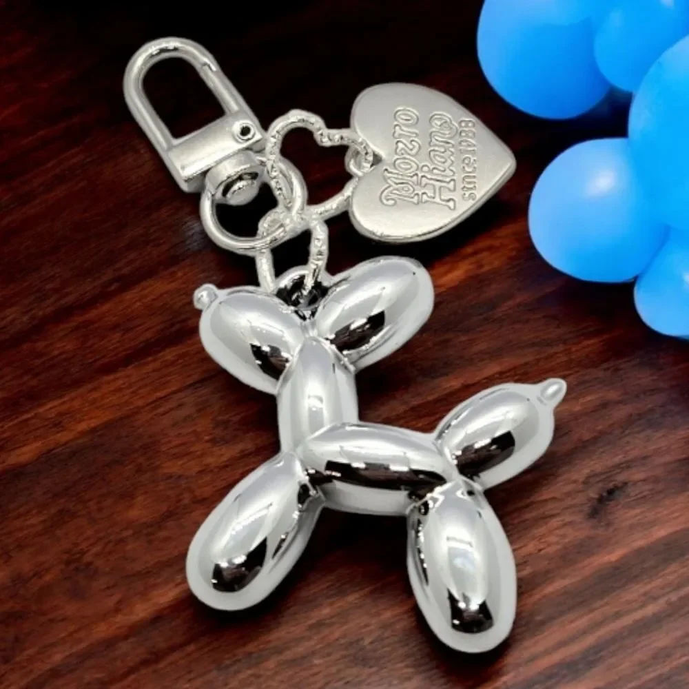 Silver Balloon Dog Keychain 3D Pop Art Bag Charm Heart Novelty Purse Accessory